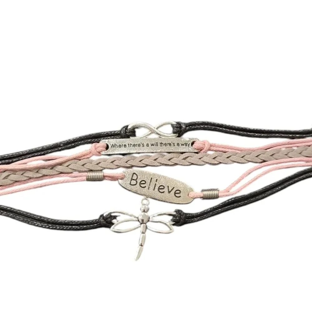 Believe Dragonfly Multi-Layered Faux Leather Charm Bracelet 14$